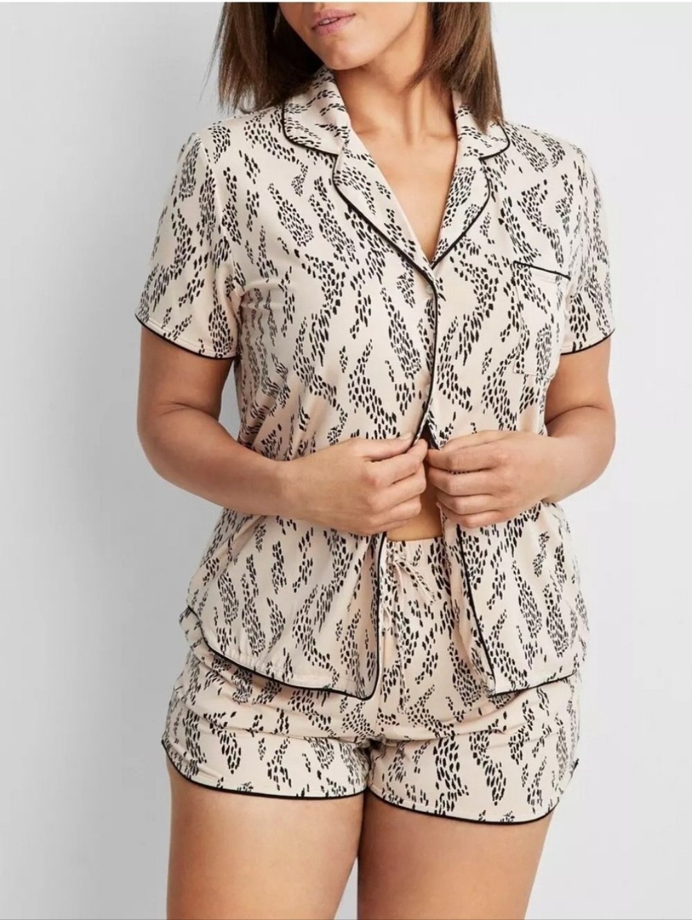 Macy's Beige Short-Sleeve Printed Pajama Set with Black Trim
